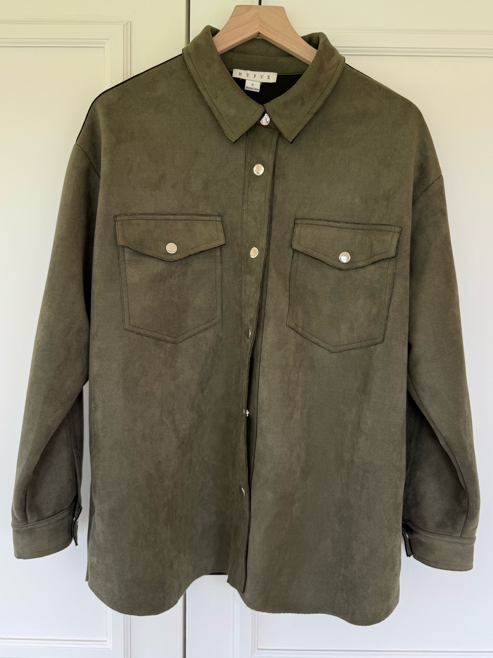 HYFVE button up shacket in green faux suede, size S